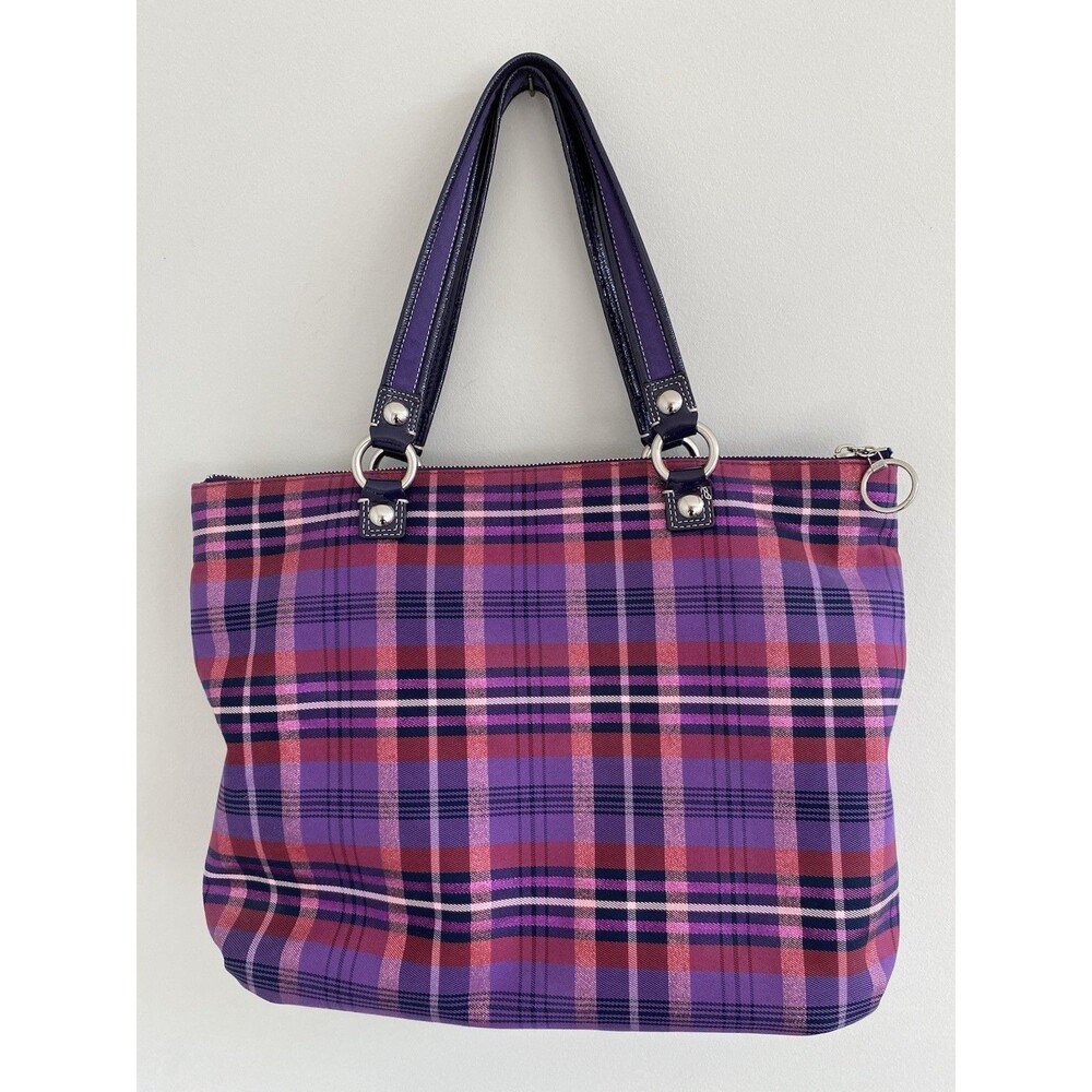 Large Rare Coach Poppy Y2K Purple Tartan Plaid Glam Tote Shoulder Bag - Picture 6 of 12